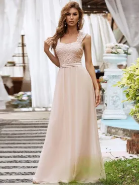 Elegant A Line Long Chiffon Bridesmaid Dress With Lace Bodice