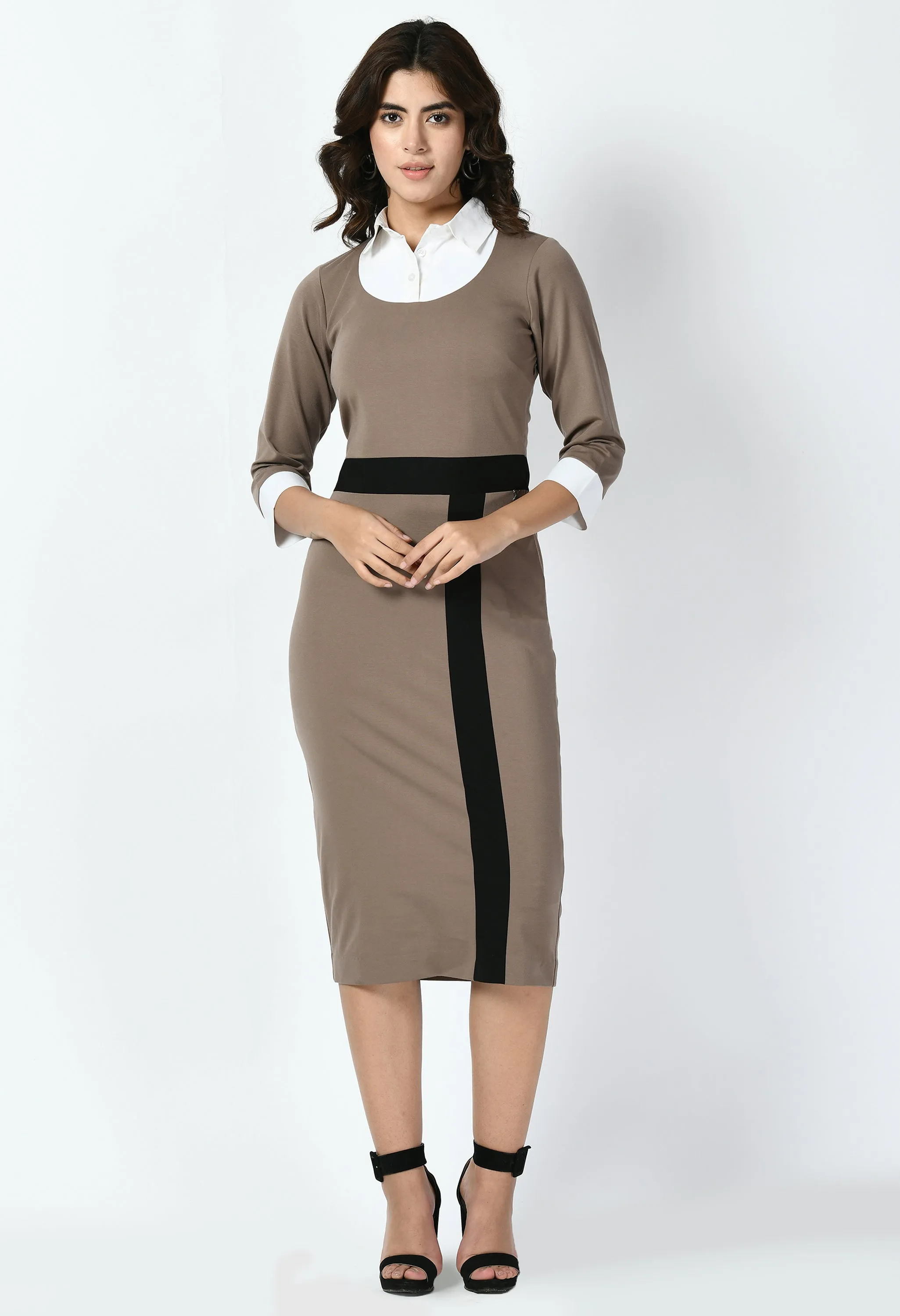 Exude Paramount Shirt Colour blocked Sheath Dress (Camel Beige)