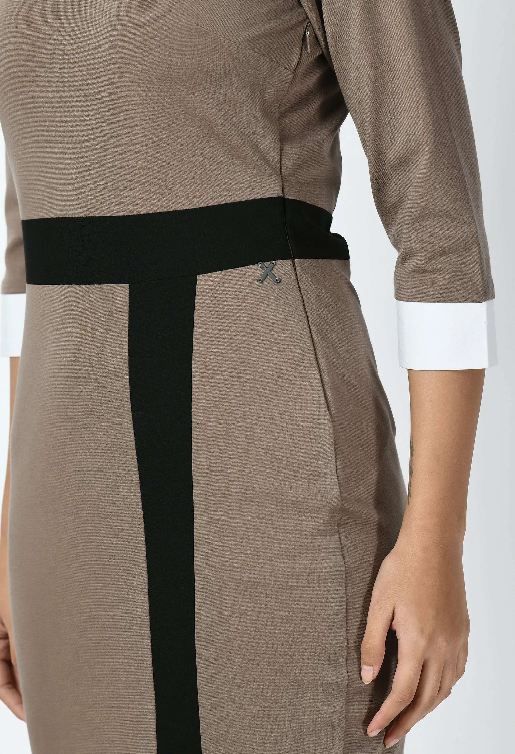 Exude Paramount Shirt Colour blocked Sheath Dress (Camel Beige)