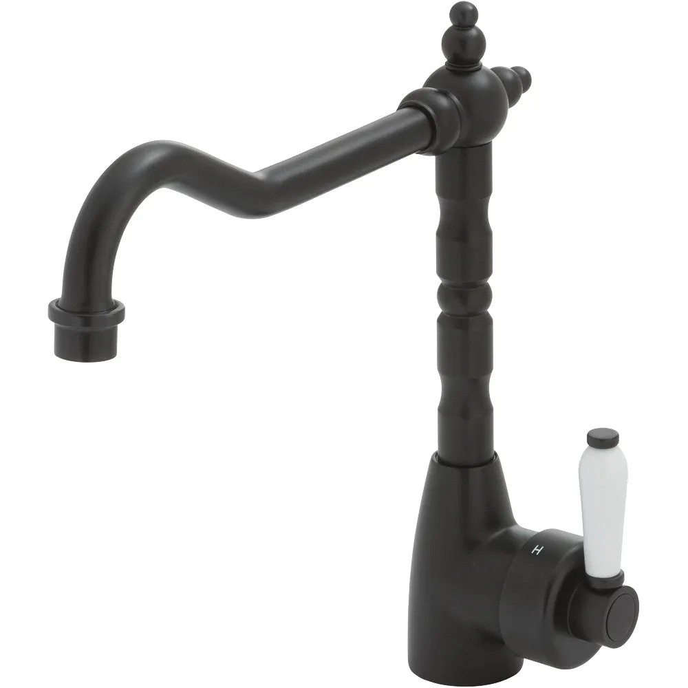 Fienza Eleanor Shepherds Crook Sink Mixer - Matte Black / Ceramic