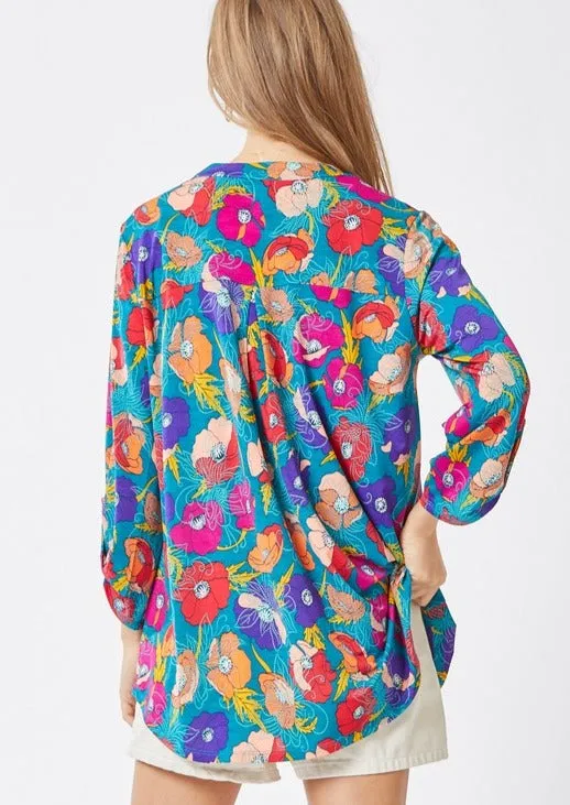 FINAL SALE - Teal Floral Wrinkle Free Top