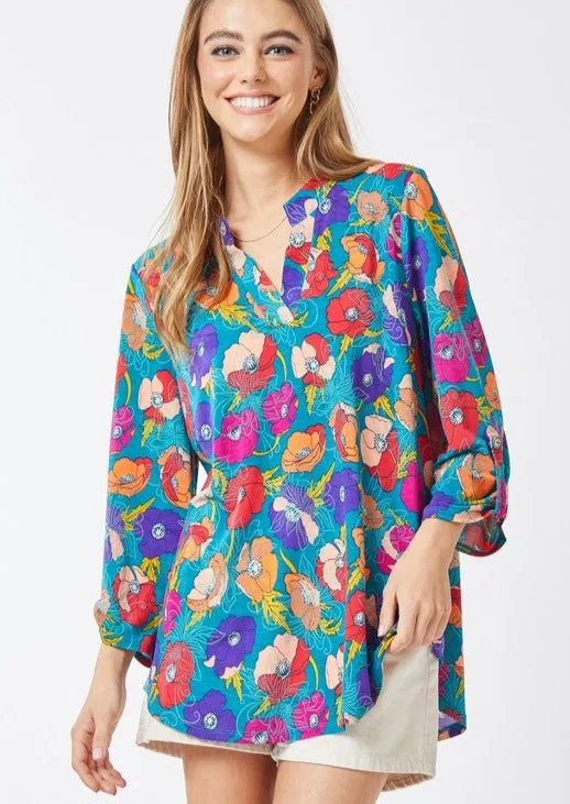 FINAL SALE - Teal Floral Wrinkle Free Top