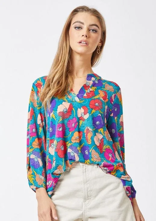 FINAL SALE - Teal Floral Wrinkle Free Top