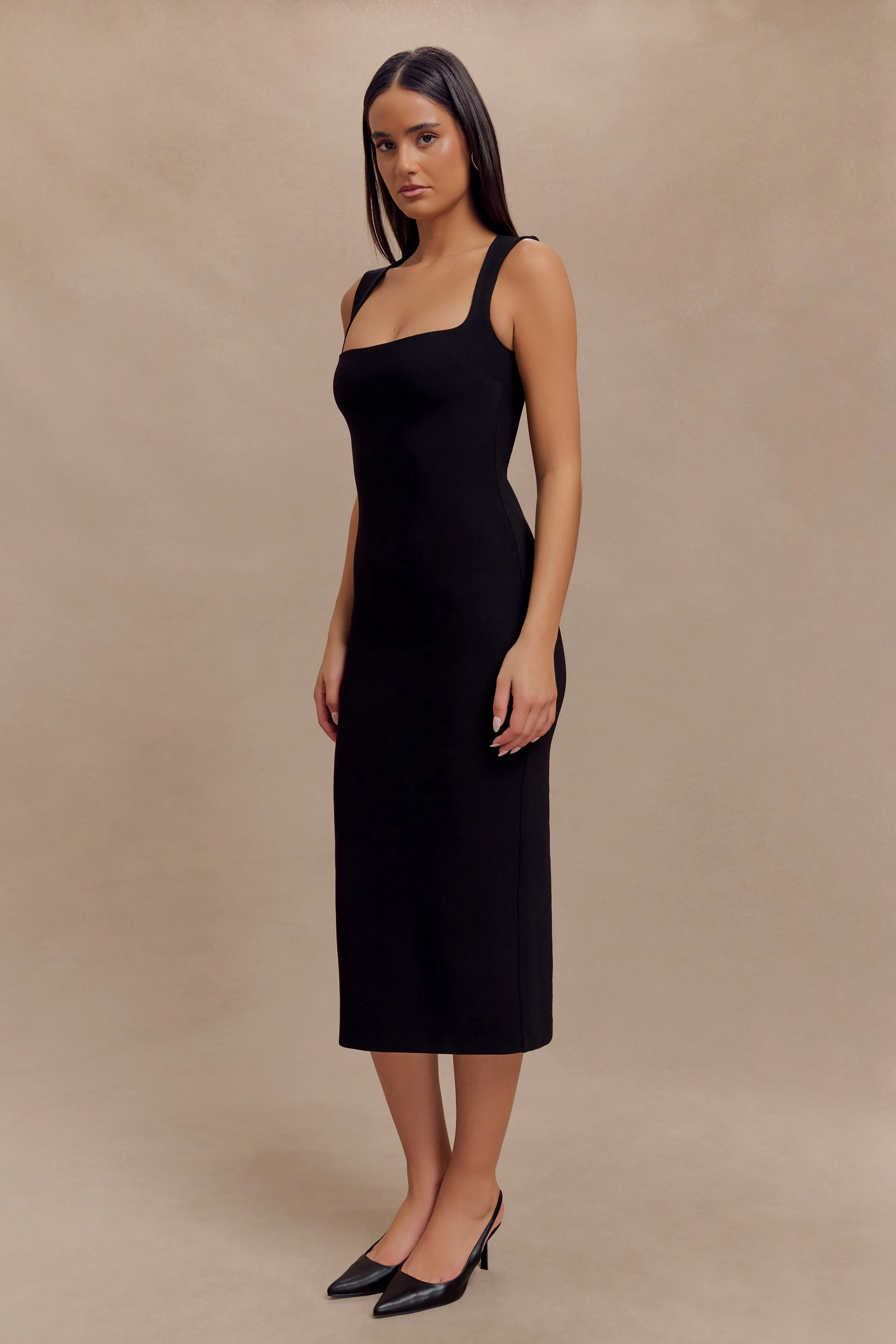 Chic Black Midi Dress with Crepe Textured Fabric - Frida