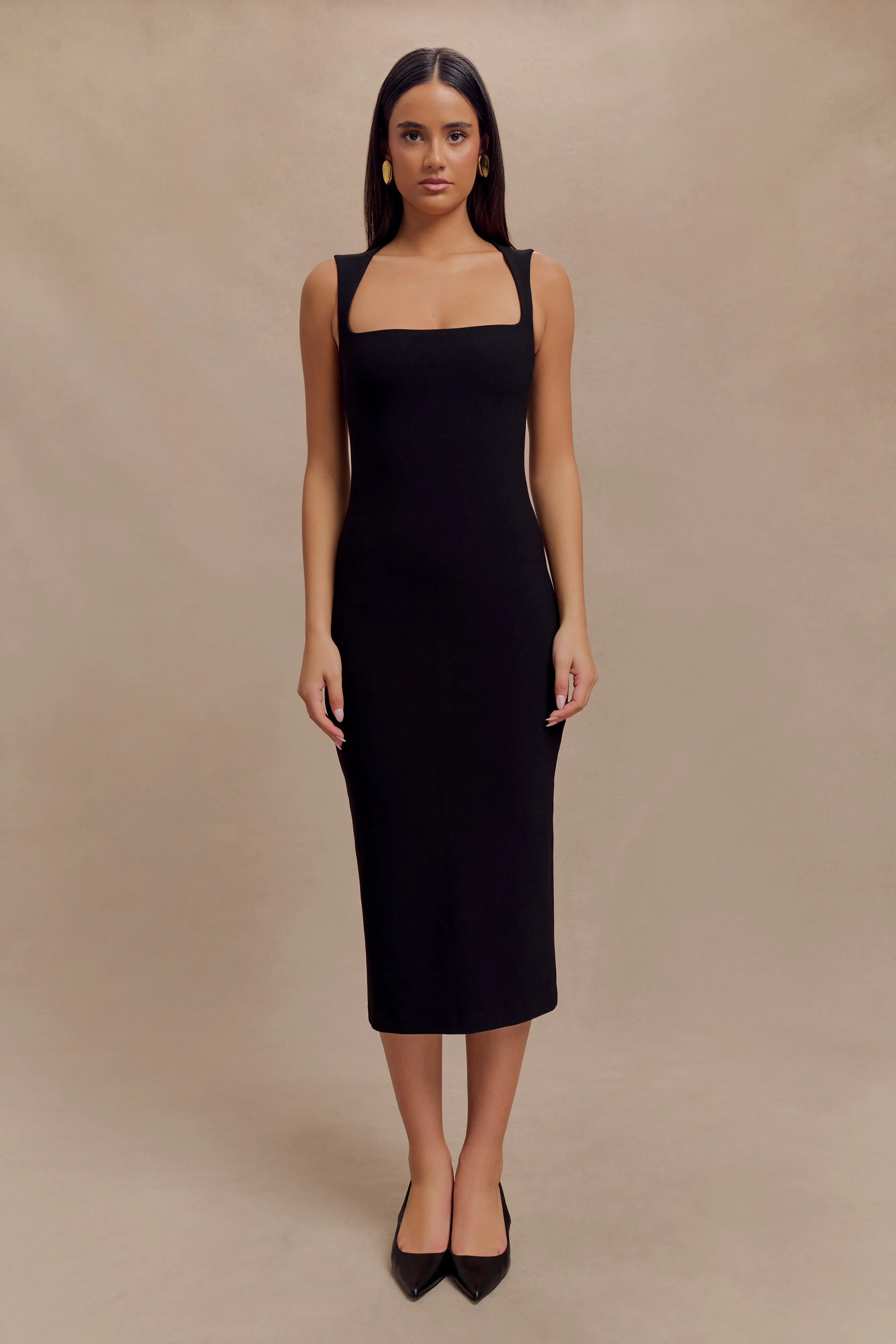 Chic Black Midi Dress with Crepe Textured Fabric - Frida