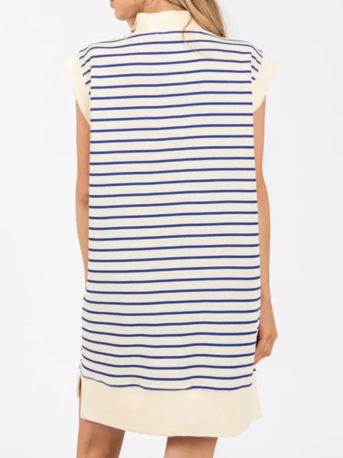 Full Size Pocketed Striped Quarter Zip Cap Sleeve Dress