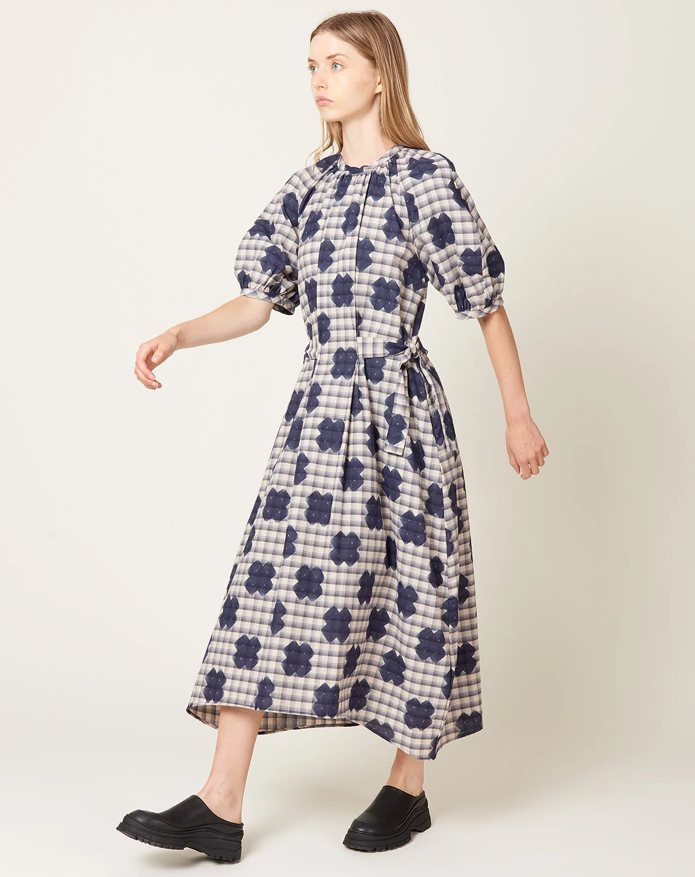 Gambit Dress in Blue White Checks Cross Print