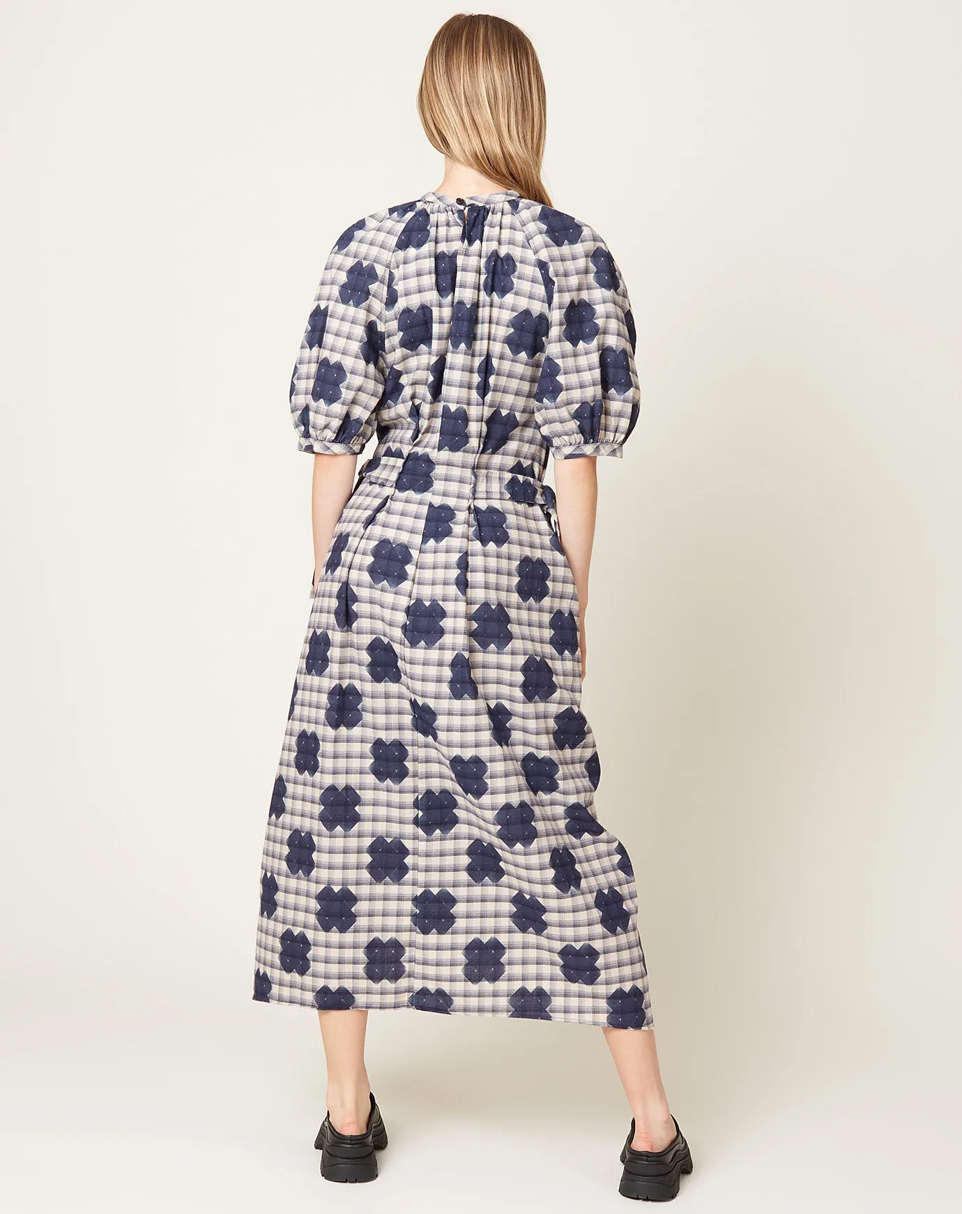 Gambit Dress in Blue White Checks Cross Print