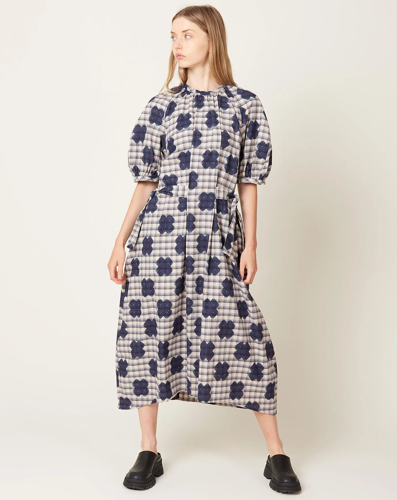 Gambit Dress in Blue White Checks Cross Print