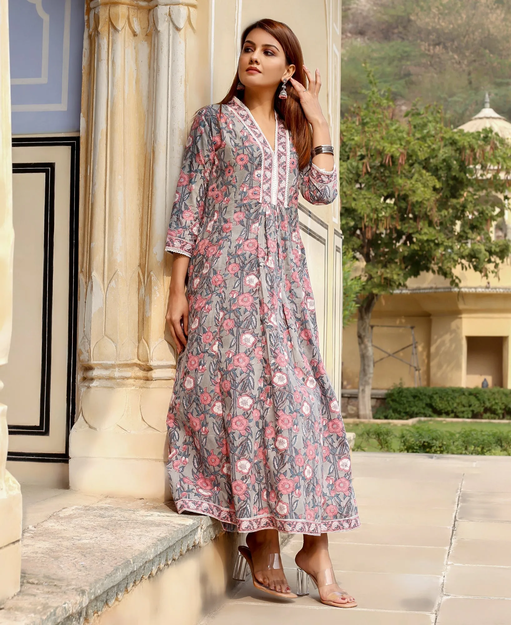 Gauri Grey and Pink Hand Block Printed Dress