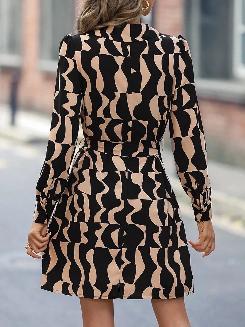 Georgia Black and Camel Geo Print Button Dress