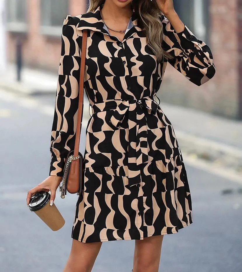 Georgia Black and Camel Geo Print Button Dress