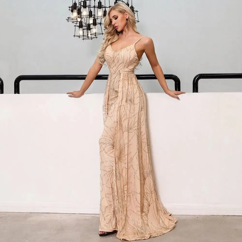 Gold Elegant Backless Glitter Maxi dress