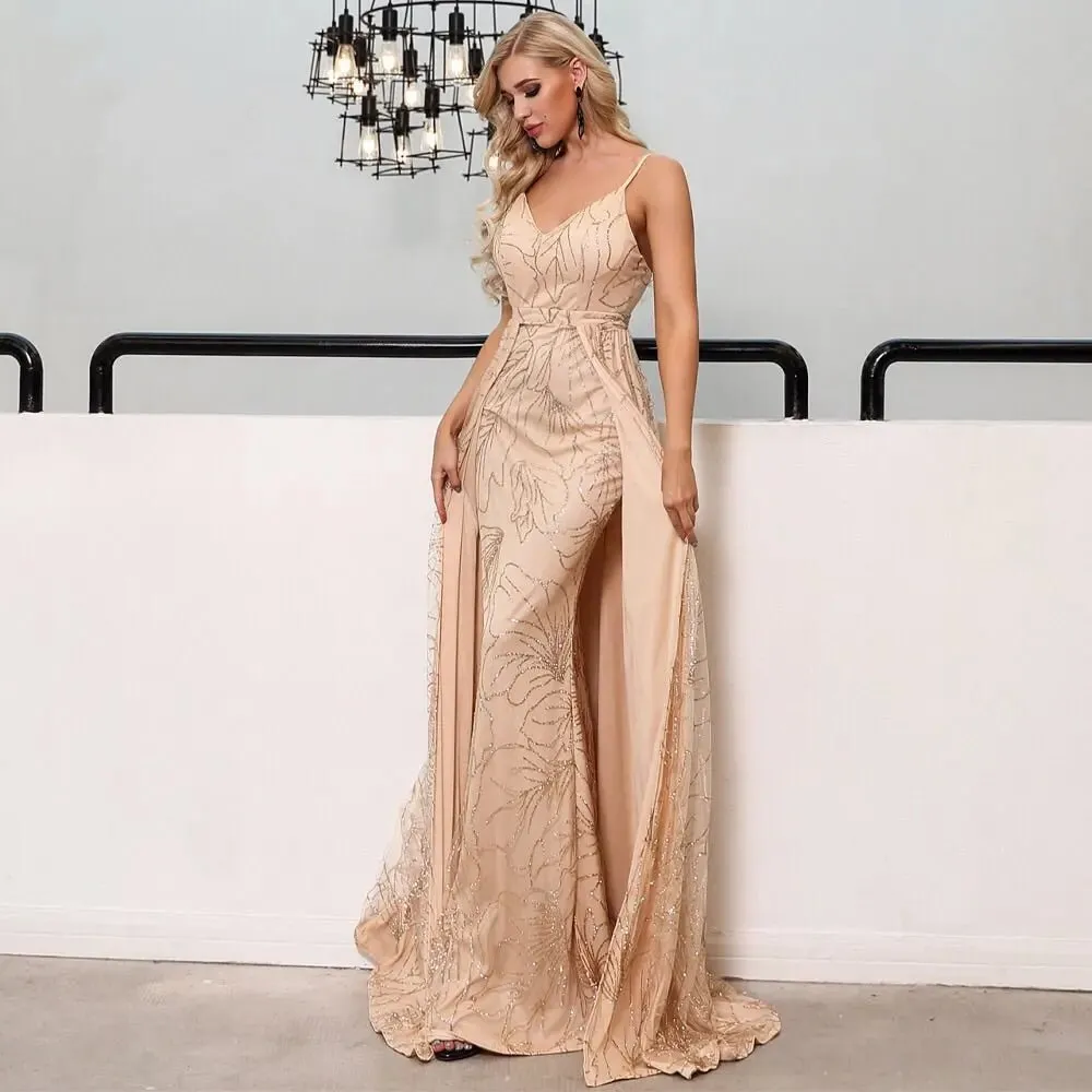 Gold Elegant Backless Glitter Maxi dress