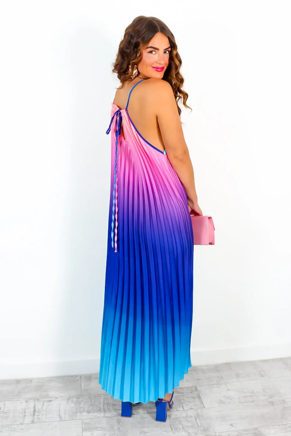 Gotta Let Go - Blue Pink Ombre Pleated Satin Maxi Dress