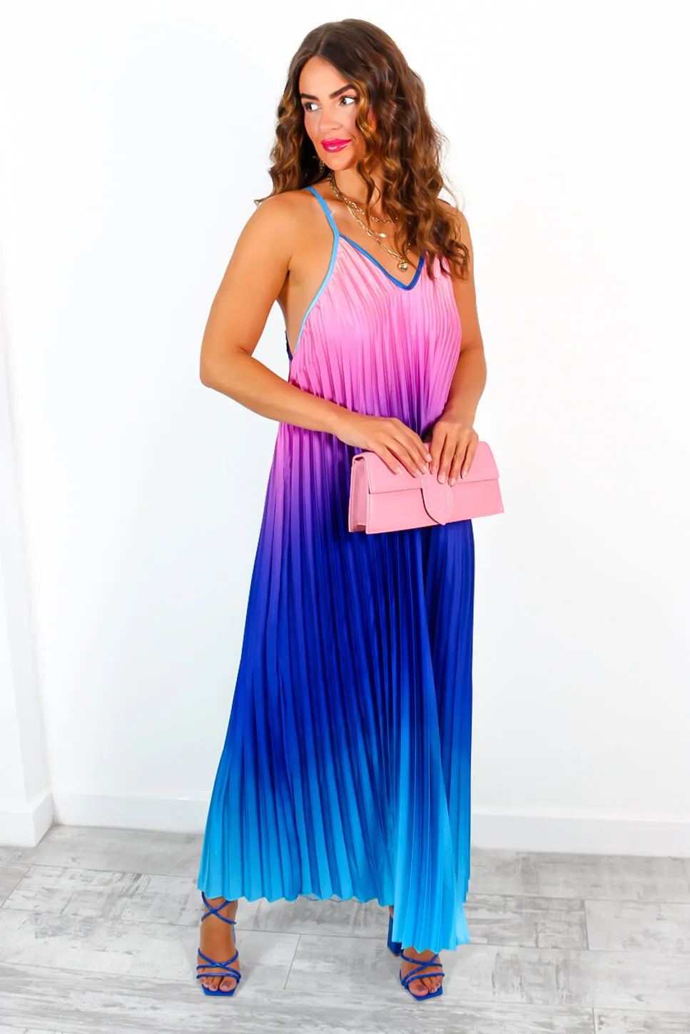 Gotta Let Go - Blue Pink Ombre Pleated Satin Maxi Dress