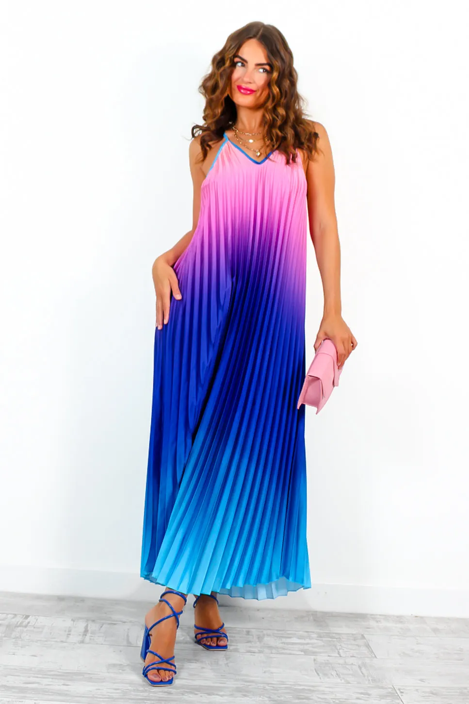 Gotta Let Go - Blue Pink Ombre Pleated Satin Maxi Dress