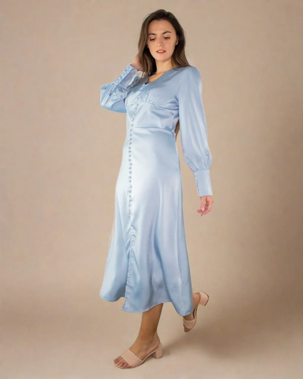 Grace Pale Blue Midi Dress with Buttons