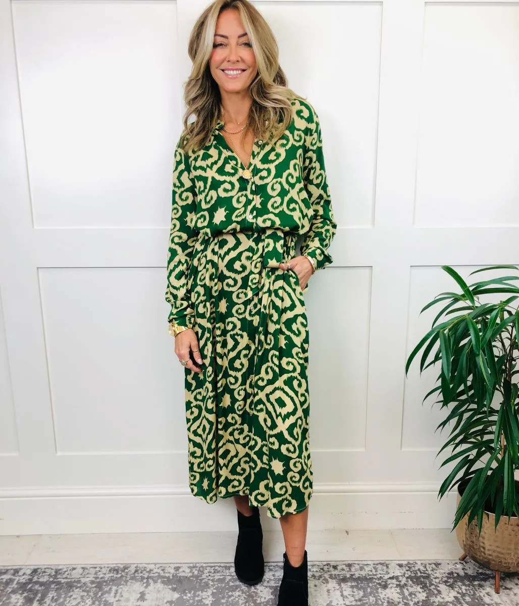 Green Baroque Midi Shirt Dress