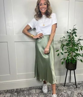 Green Satin Midi Slip Skirt