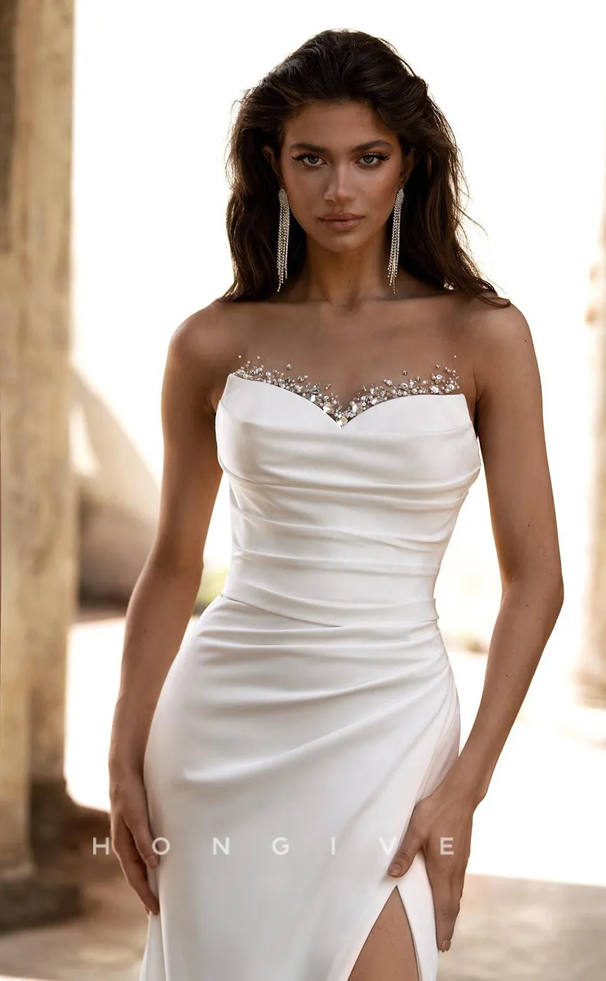 H0880 - Crystal Beaded Ruched Strapless Mermaid With Train And Slit Wedding Dress