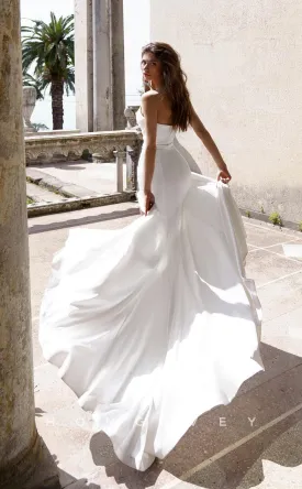 H0880 - Crystal Beaded Ruched Strapless Mermaid With Train And Slit Wedding Dress