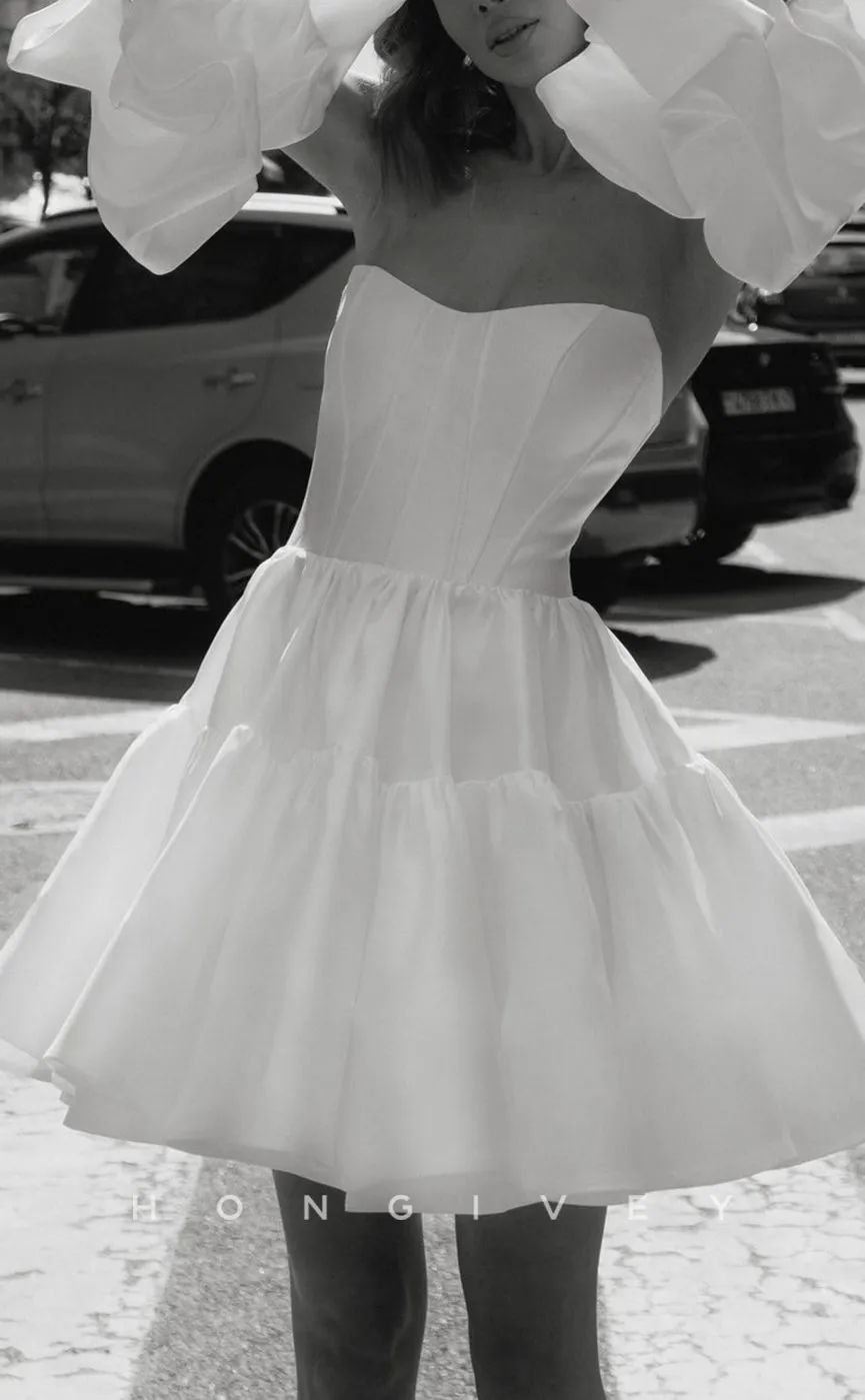 H1114 - Sexy Satin A-Line Sweetheart Strapless Detachable Puff Sleeves Gown Wedding Dress