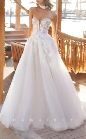 H1244 - Sexy Tulle A-Line Plunging  V-Neck Strapless Sleeveless Empire Appliques With Train Wedding Dress