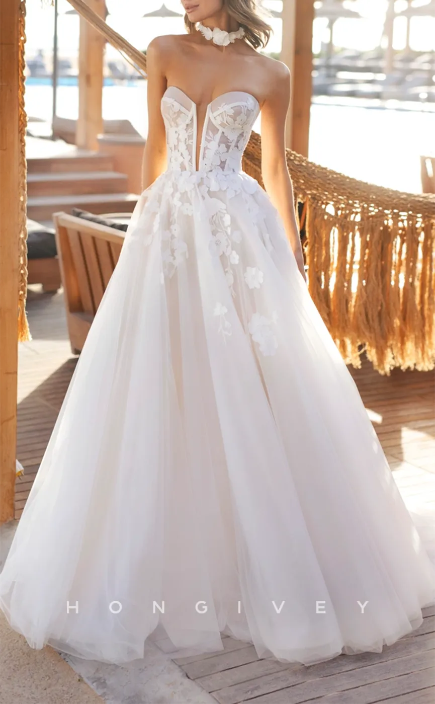 H1244 - Sexy Tulle A-Line Plunging  V-Neck Strapless Sleeveless Empire Appliques With Train Wedding Dress