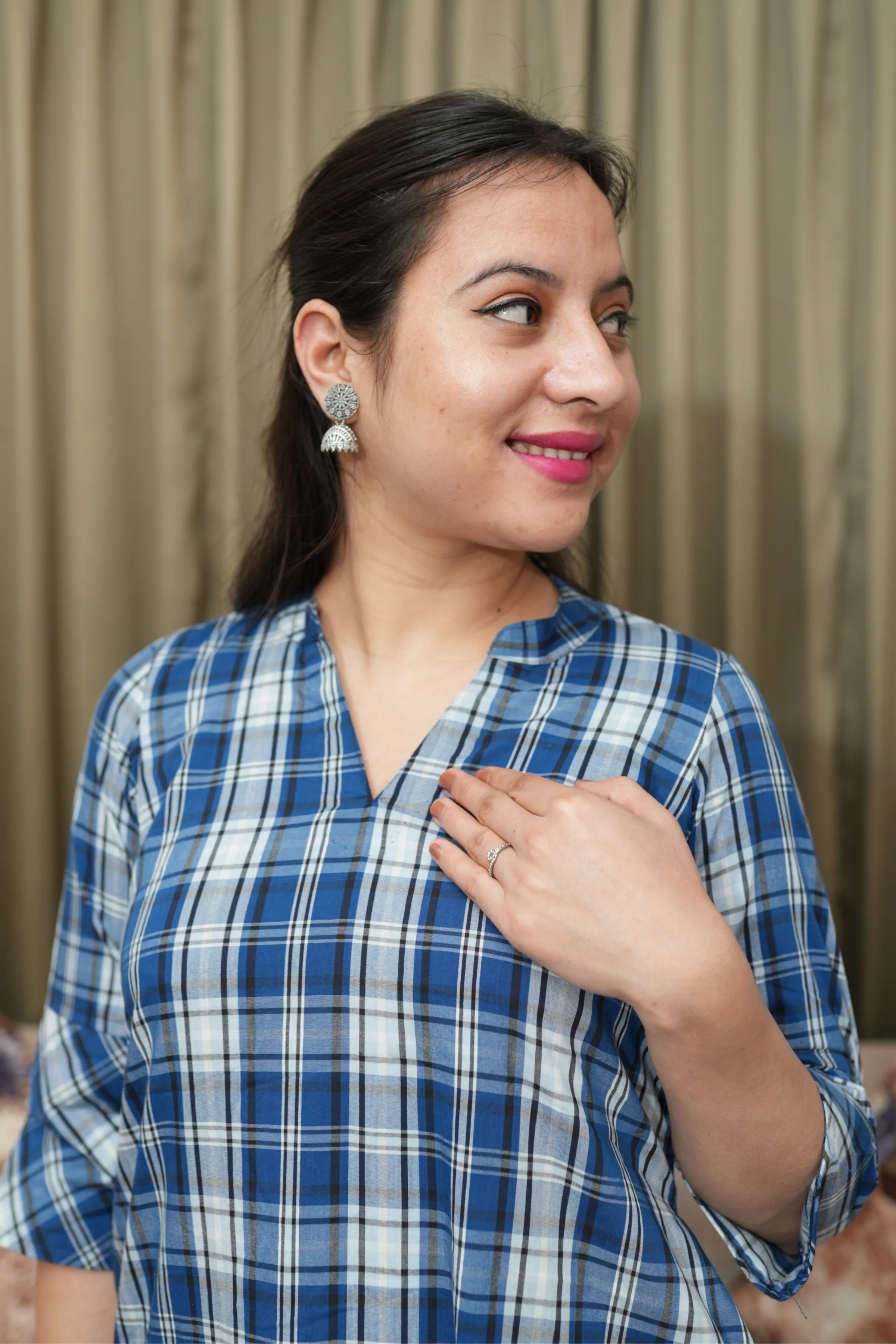 Indigo Blue Checked A-Line Kurta