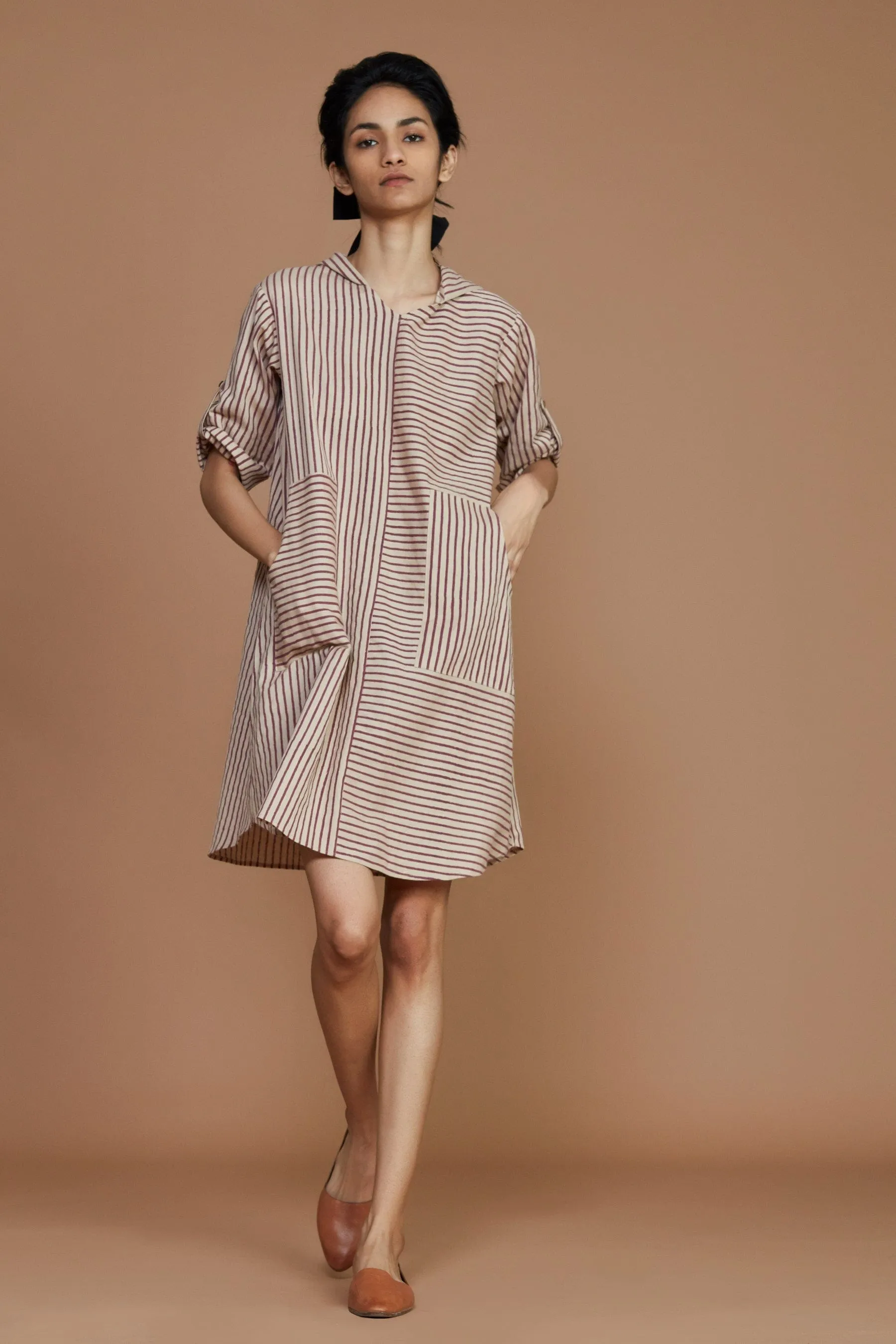 Ivory With Mauve Striped Hooded Dress (Ready to Ship)