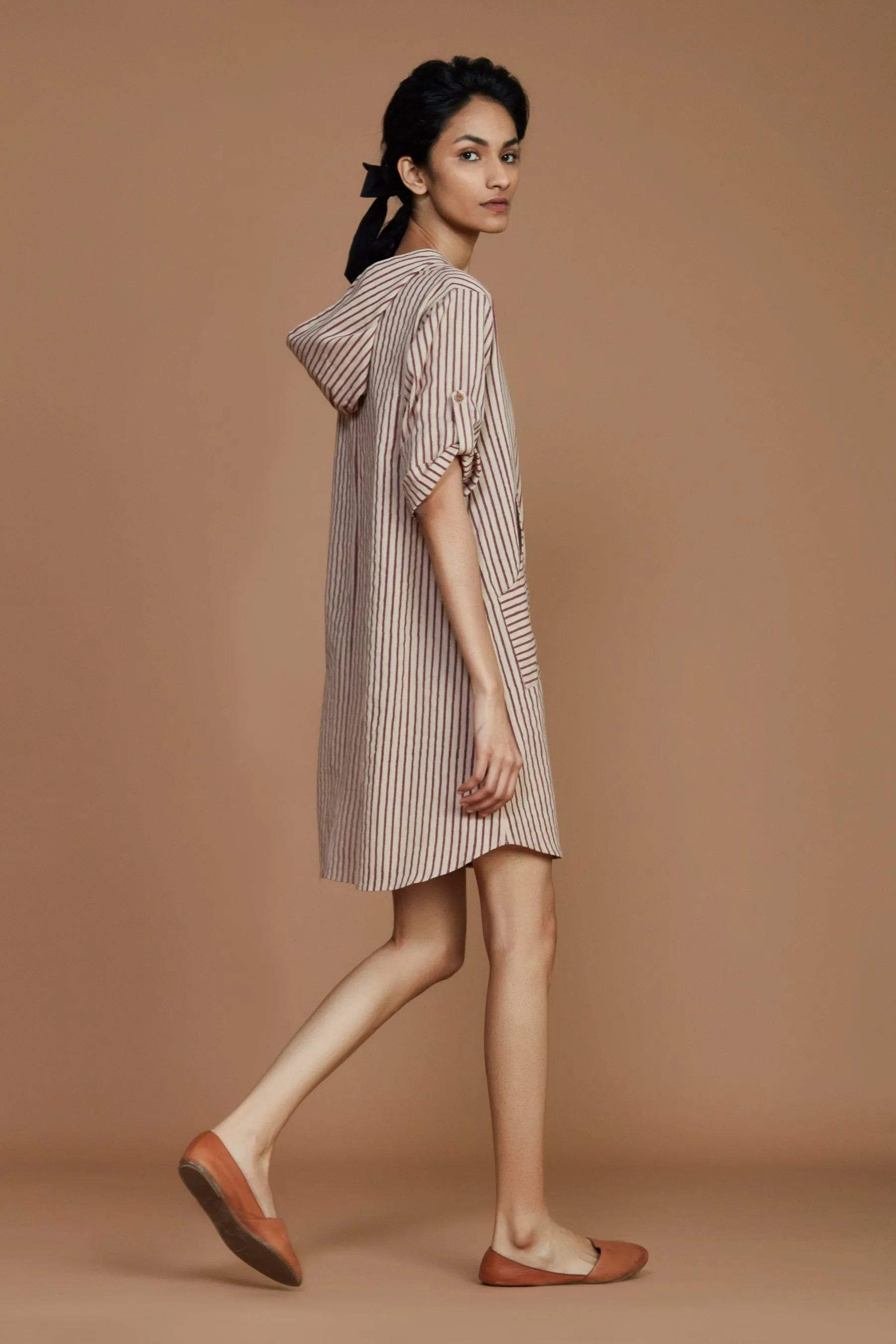 Ivory With Mauve Striped Hooded Dress (Ready to Ship)