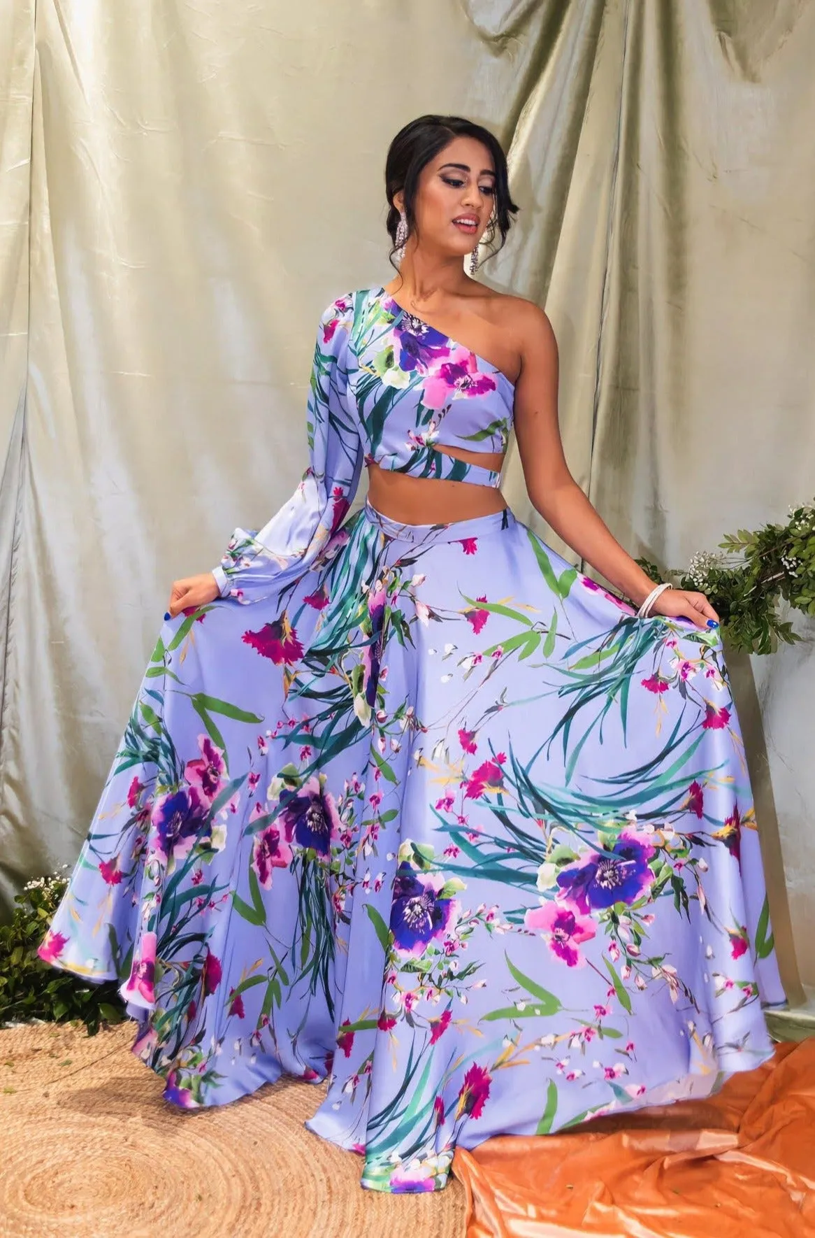 JANISHA Periwinkle Floral Satin Lehenga Skirt