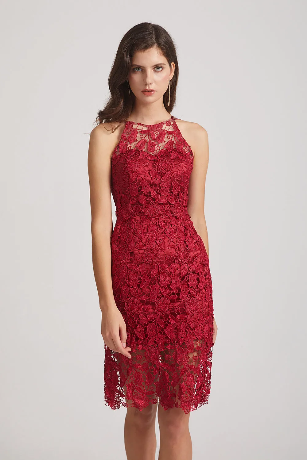 Jewel Sleeveless Sheath Short Lace Bridesmaid Dresses (AF0064)