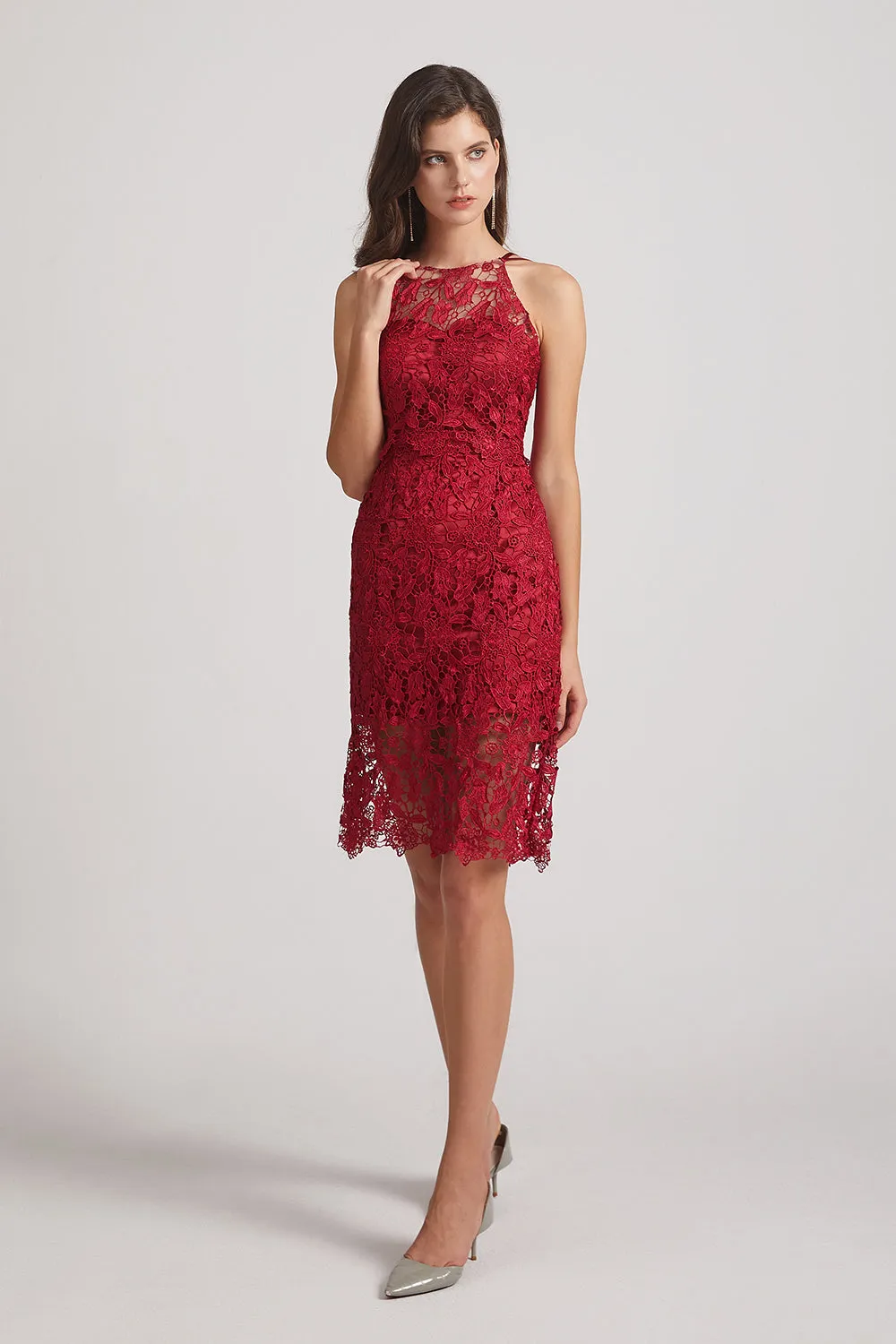 Jewel Sleeveless Sheath Short Lace Bridesmaid Dresses (AF0064)