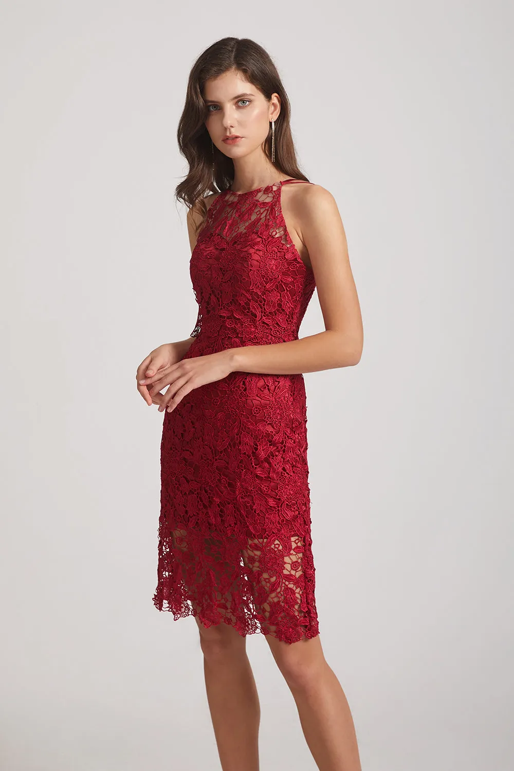 Jewel Sleeveless Sheath Short Lace Bridesmaid Dresses (AF0064)