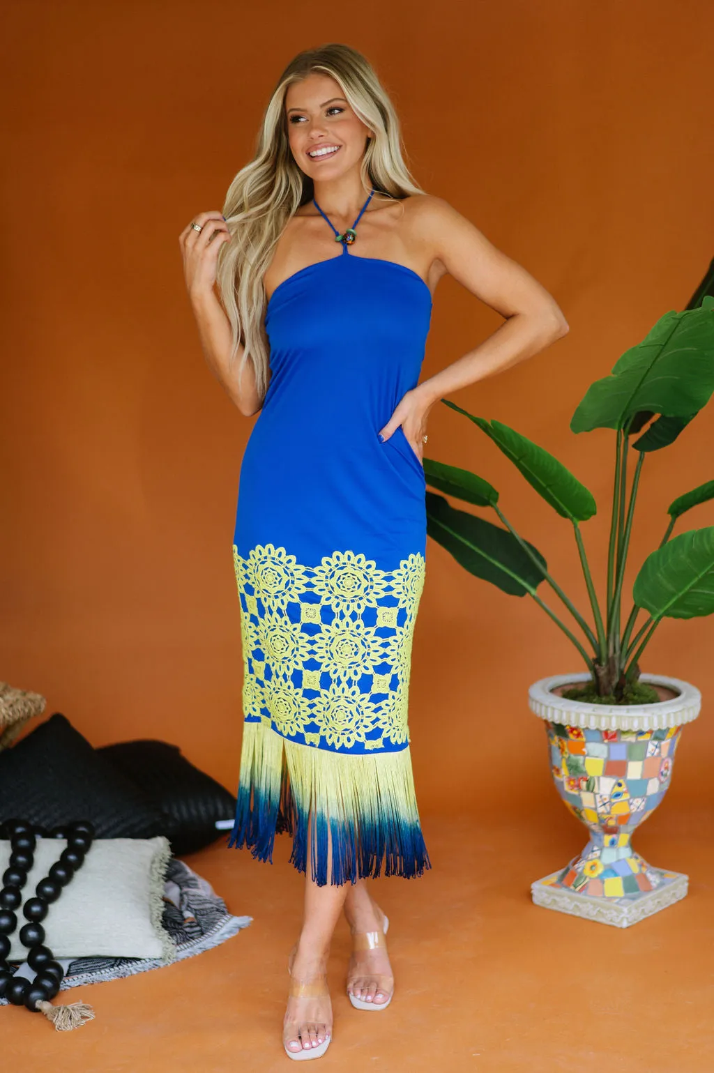 Royal Blue Juniper Fringe Midi Dress