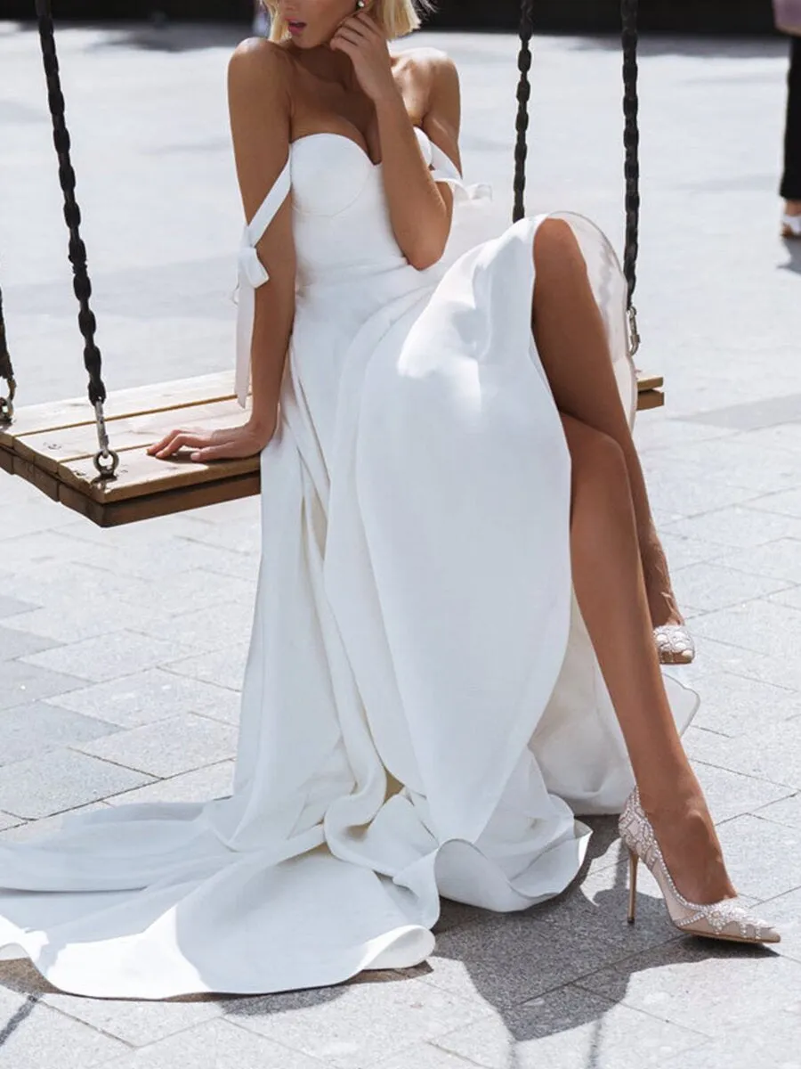 Lace-up Elegant Hanging Shoulder White Long Gown