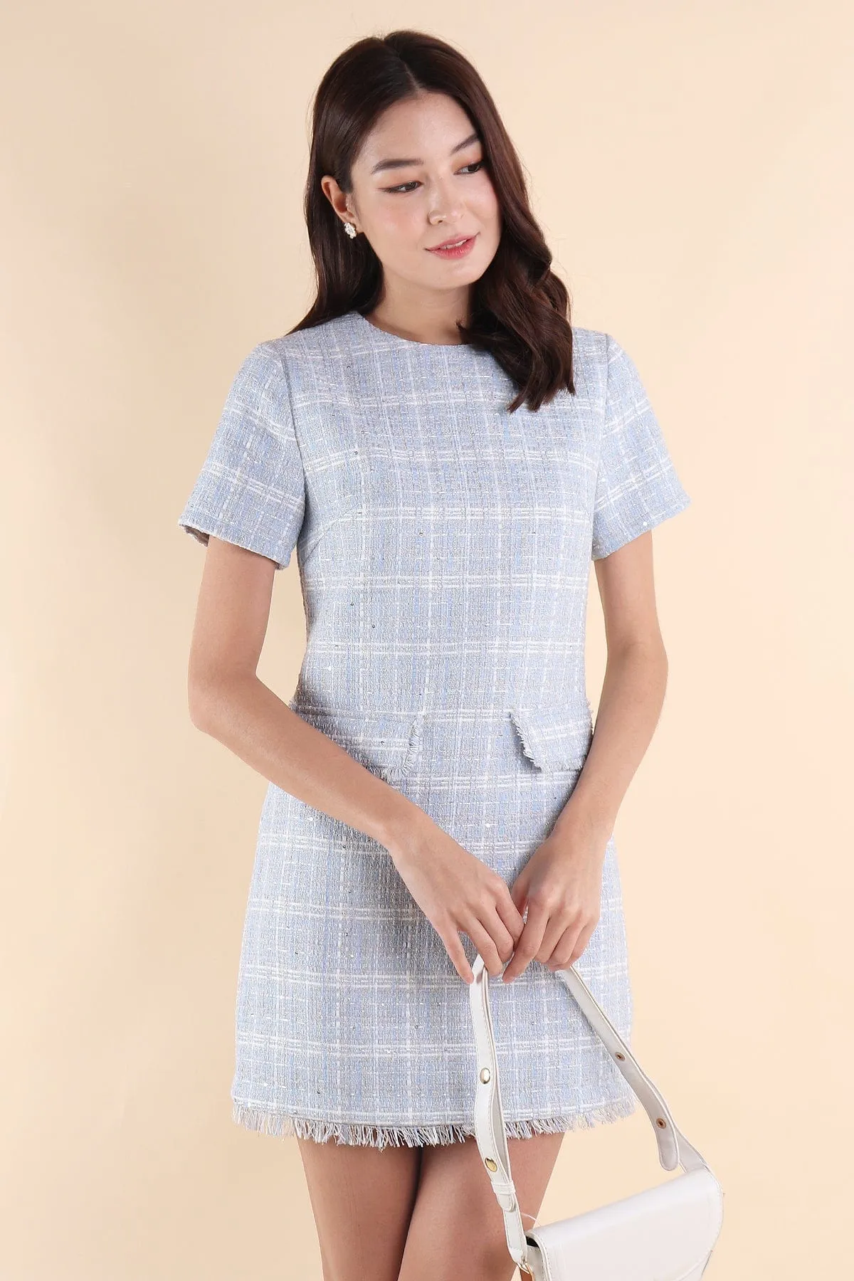 LEIGH TWEED SHIFT DRESS IN SKY