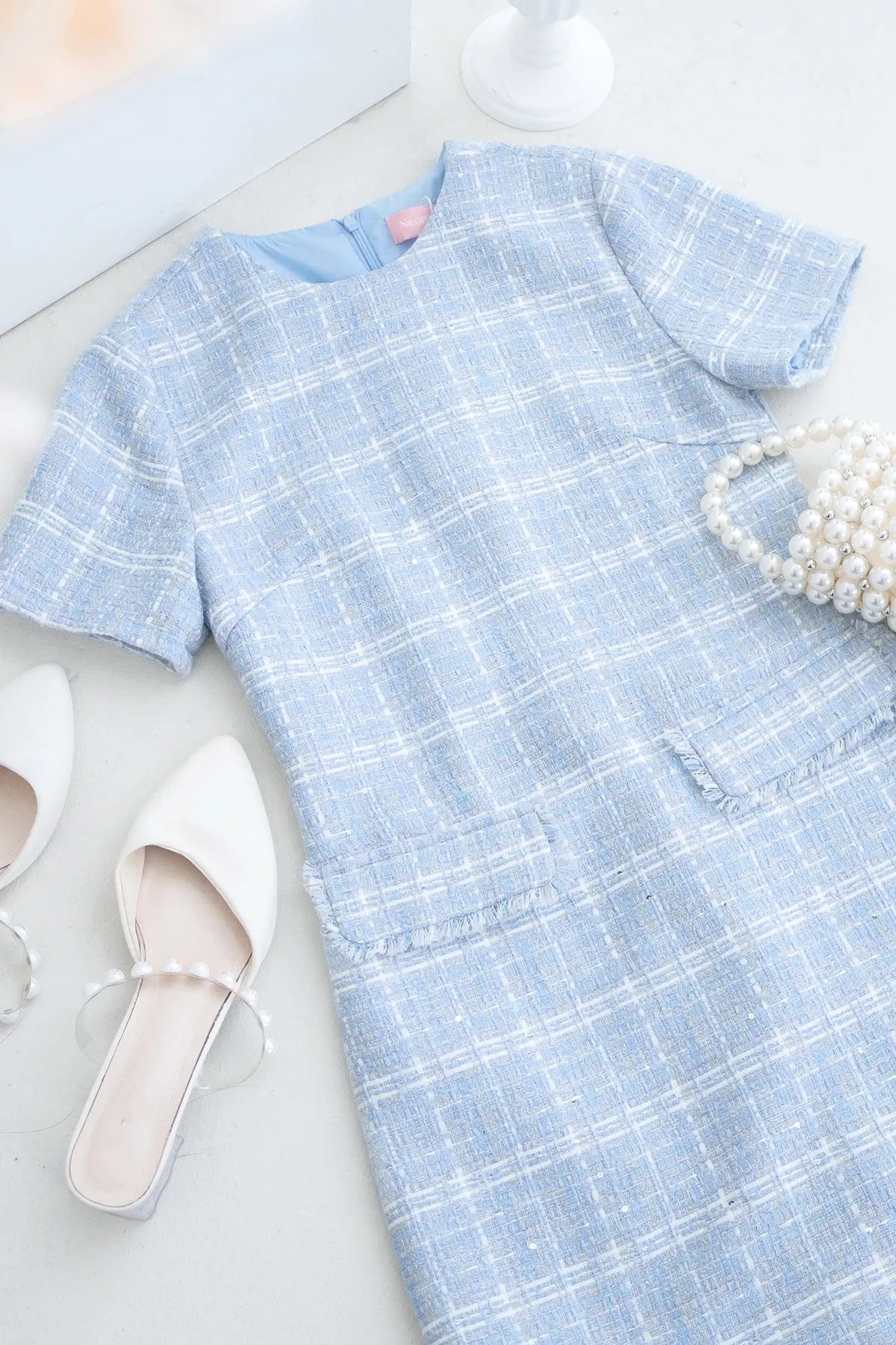 LEIGH TWEED SHIFT DRESS IN SKY