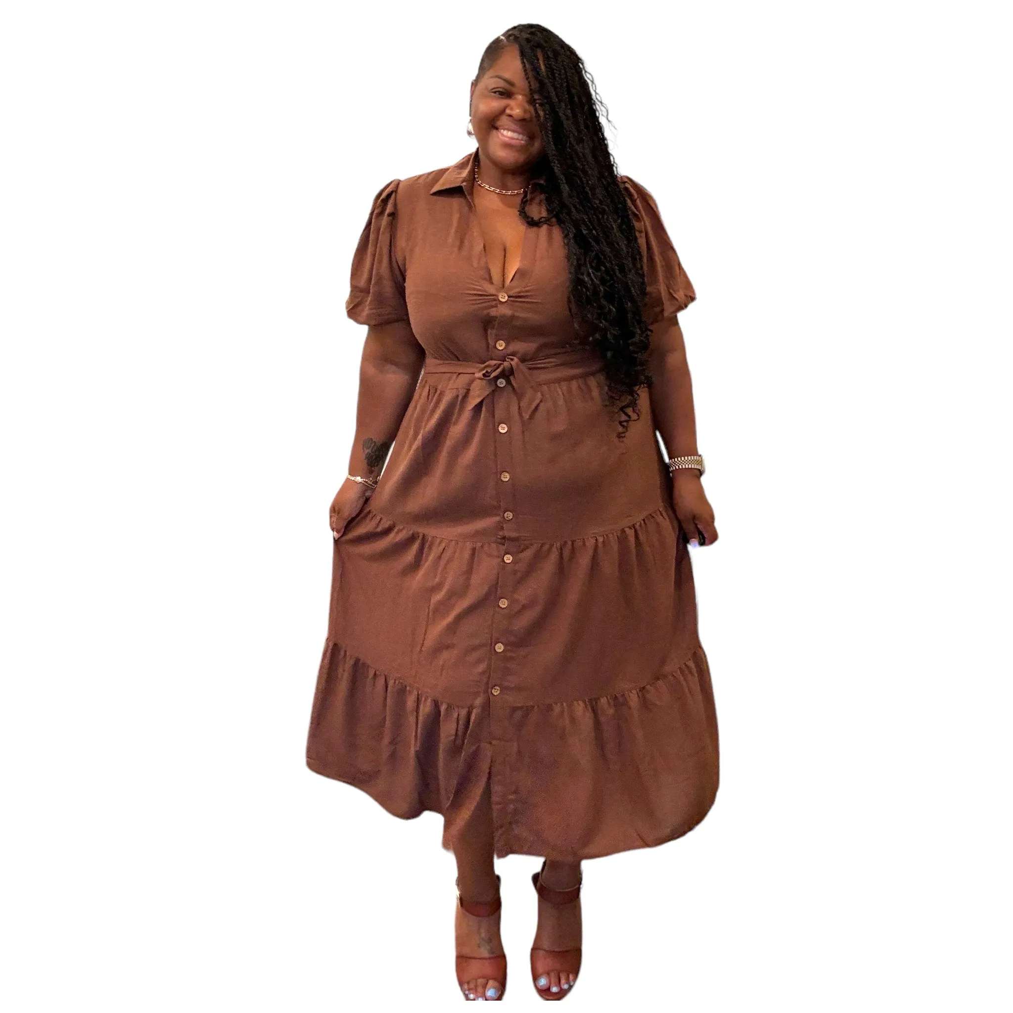 Linen Plus Size Brown Button Down Maxi Dress