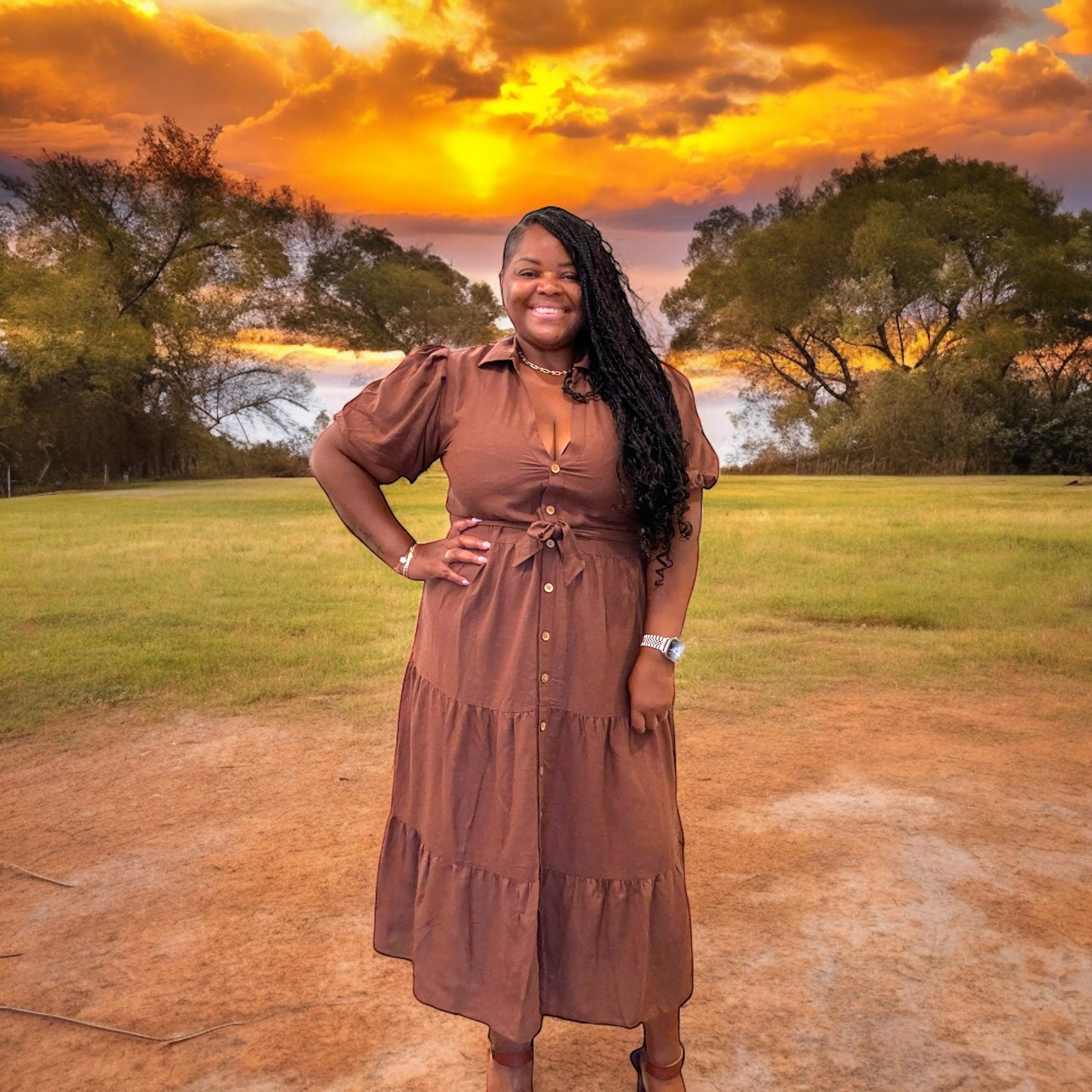 Linen Plus Size Brown Button Down Maxi Dress