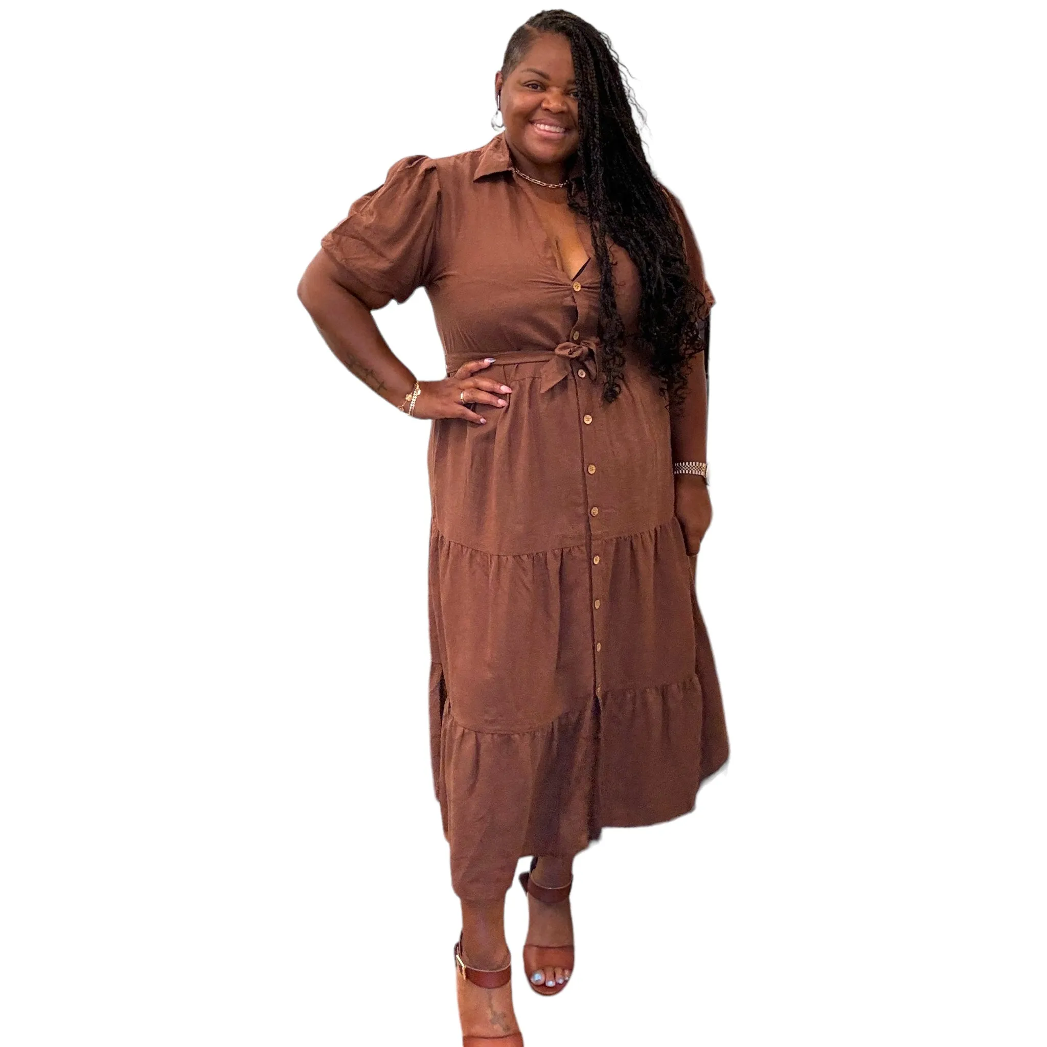 Linen Plus Size Brown Button Down Maxi Dress