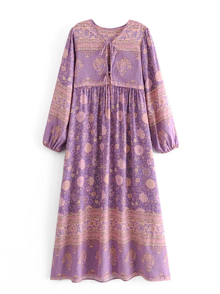 Love Story Maxi Dress Lavender Pink Floral Bohemian Long Peasant Sleeve Gown Double Tie Front Flared Skirt Available In Small Medium Or Large