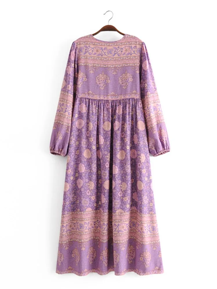 Love Story Maxi Dress Lavender Pink Floral Bohemian Long Peasant Sleeve Gown Double Tie Front Flared Skirt Available In Small Medium Or Large