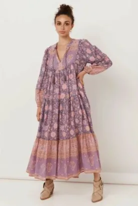 Love Story Maxi Dress Lavender Pink Floral Bohemian Long Peasant Sleeve Gown Double Tie Front Flared Skirt Available In Small Medium Or Large