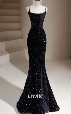 LP1876 - Black Mermaid Sequin Long Prom Dress Black Formal Dress