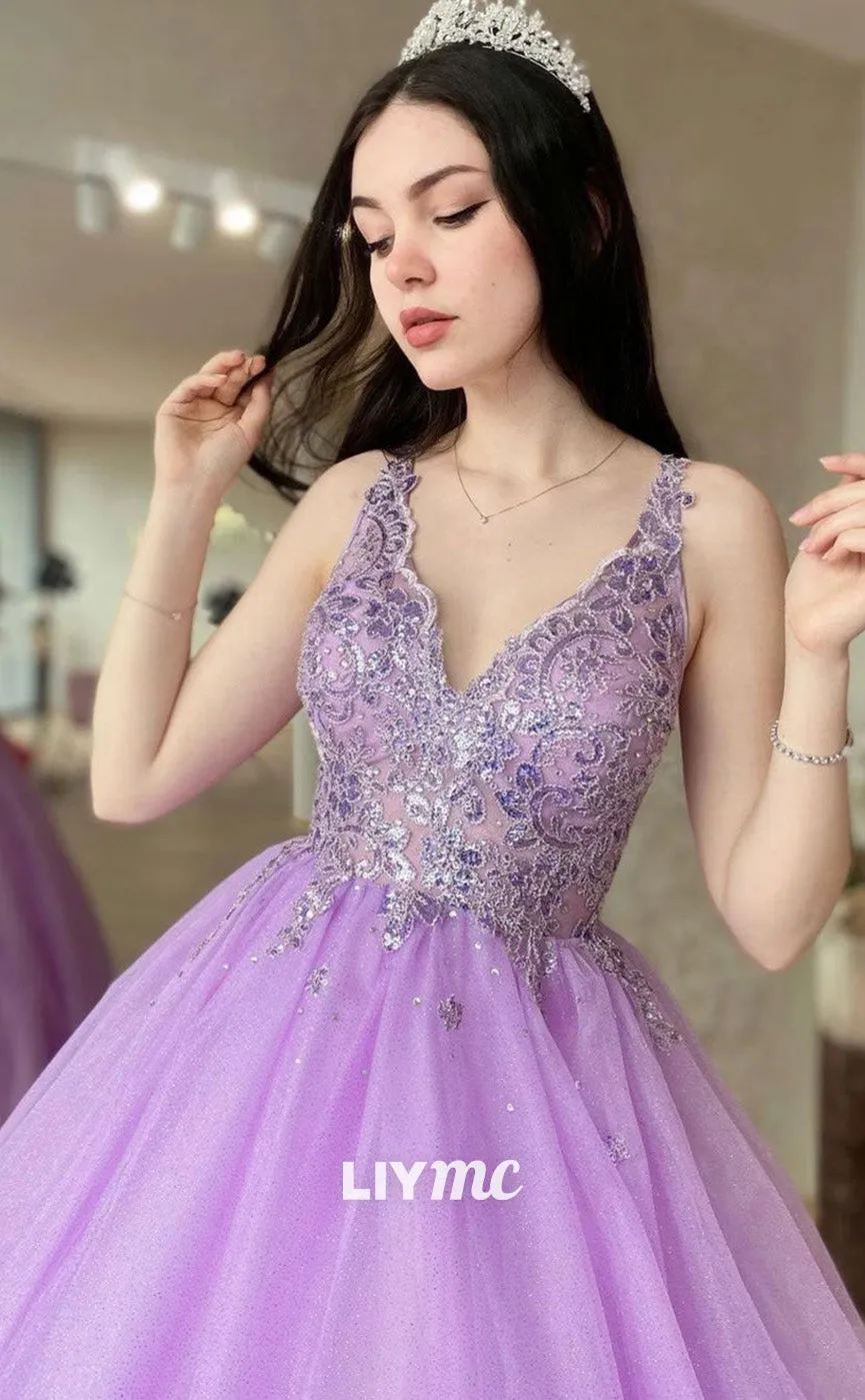 LP1895 - Purple V-Neck Tulle Lace Long Prom Dress Purple Tulle Formal Dress