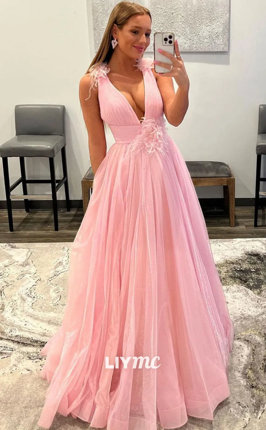 LP1917 - Pink V Neck Tulle Long Prom Dress, Pink Tulle Evening Dress