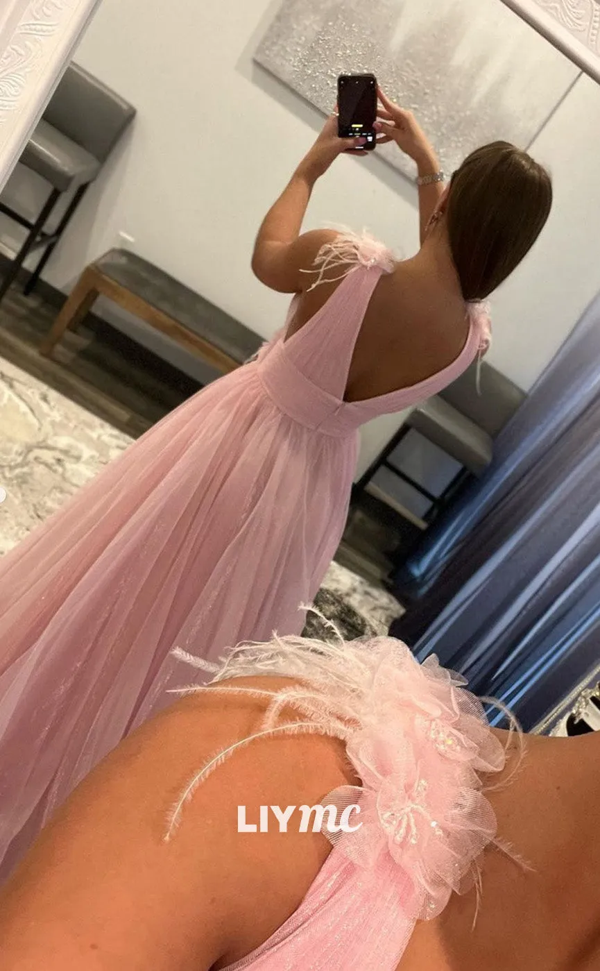 LP1917 - Pink V Neck Tulle Long Prom Dress, Pink Tulle Evening Dress